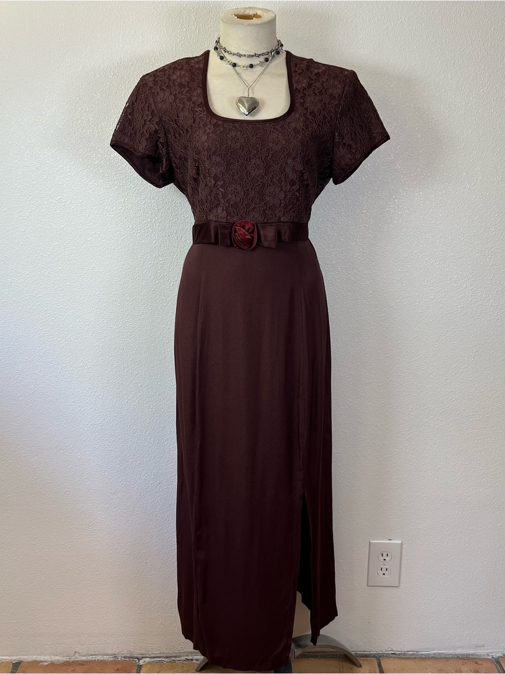 Brown vintage maxi dress with lace detail & front bow detail